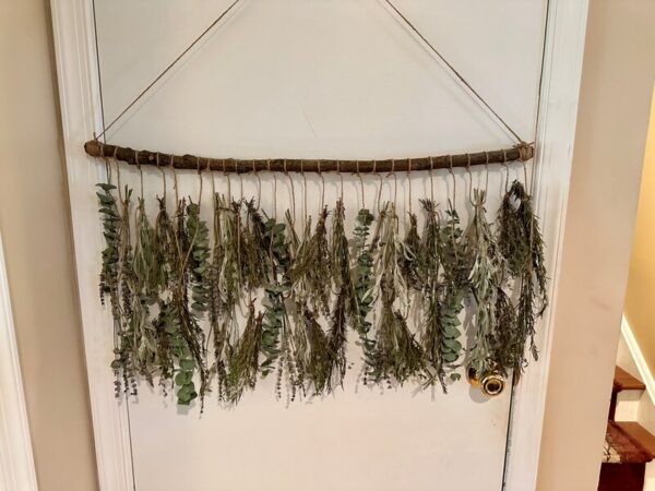hanging herbs and lavender on twine string from a rustic wood branch
