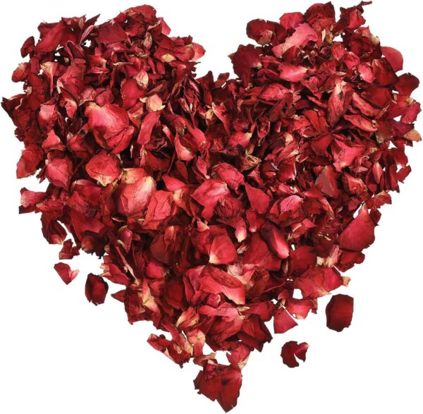 dried red rose petals in the shape of a heart on a white background