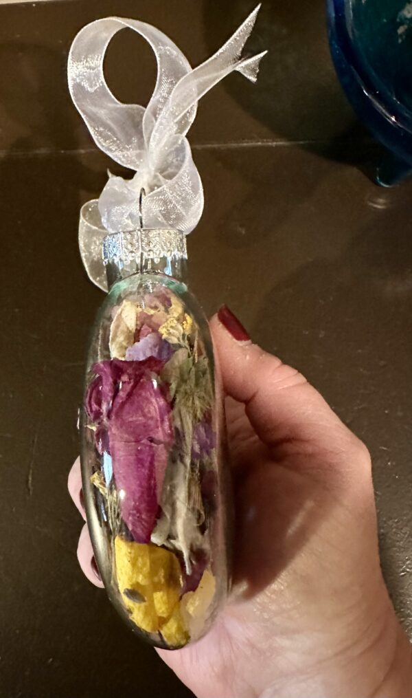 side view of a glass disc shaped ornament tied with a white ribbon and filled with various herbs, flowers, fruits, spices, and other items from nature