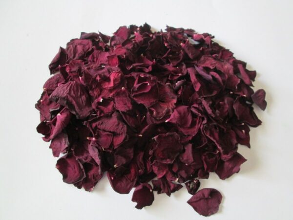 red dried rose petals arranged in a circle on a white background