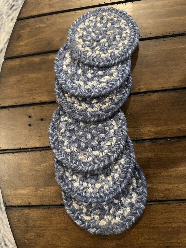 blue white jute coasters